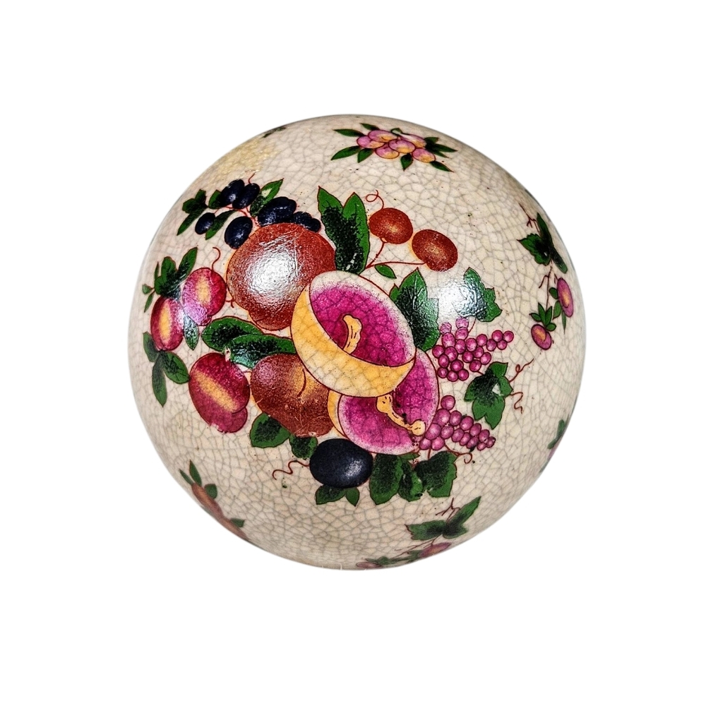 Vintage Crackle Porcelain Carpet Ball Pink Yellow Roses Flower Gold Gilt